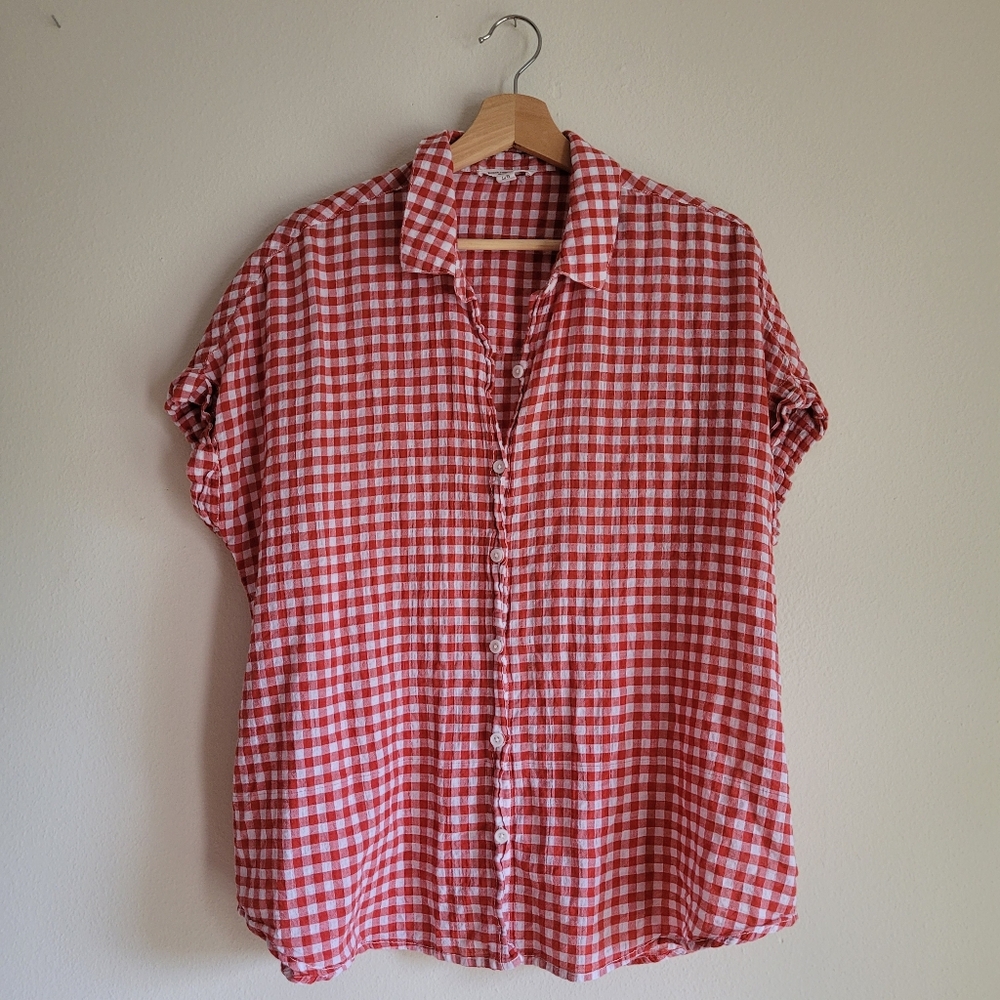 BeachLunchLounge Top Red/White Plaid Button Down Shirt Blouse Gingham Size L
